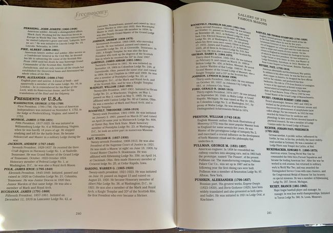 Two-page book spread listing U.S. Presidents and prominent historical figures who were Freemasons.