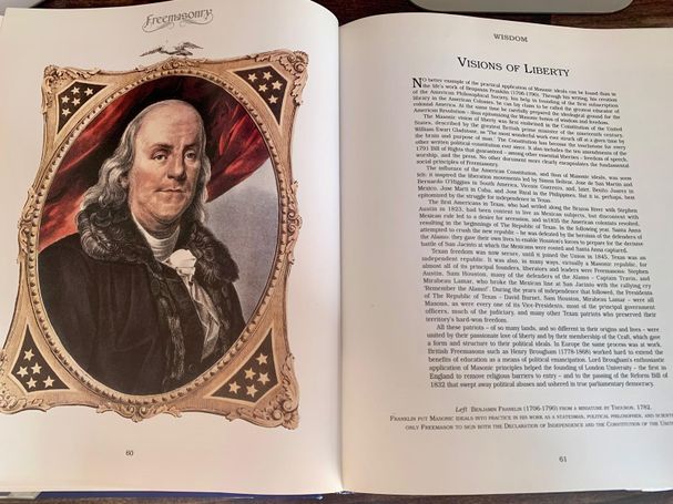 Two-page book spread featuring a color portrait of Benjamin Franklin on the left page and text titled "VISIONS OF LIBERTY" on the right.
