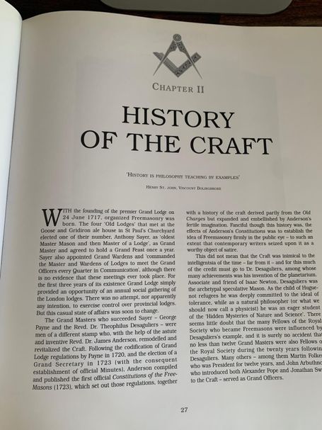 Book page for Chapter II titled "HISTORY OF THE CRAFT" detailing the foundation of the premier Grand Lodge in 1717.