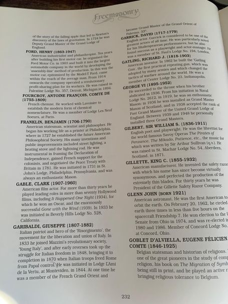 Book page containing biographical entries under "Freemasonry," including Henry Ford, Benjamin Franklin, and Clark Gable.