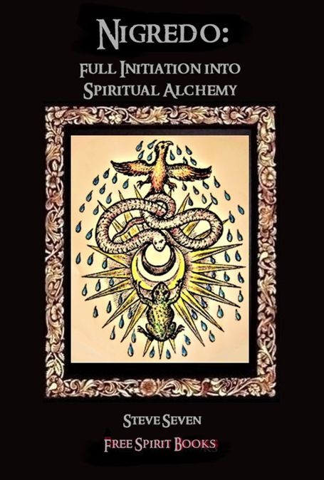 Cover of Nigredo: Full Initiation into Spiritual Alchemy by Steve Seven, featuring an ornate border and an alchemical illustration with symb