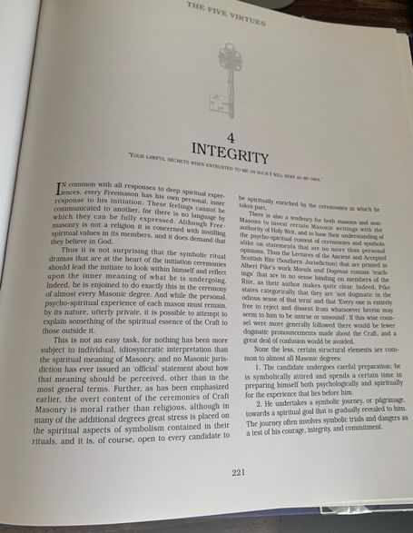 Book page showing Chapter IV Section 4 titled "Integrity" with an illustration of an ornate key.