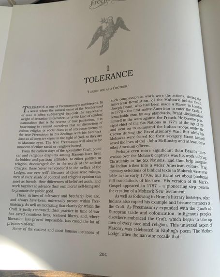 Book page for Section 1 titled "TOLERANCE" with an illustration of a bird above the section header.