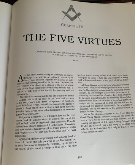 Book page showing the opening of Chapter IV titled "THE FIVE VIRTUES" with an introductory quote by Dante.