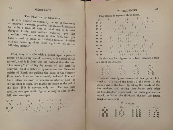 Pages with geomancy instructions showing dot rows and diagrams labeled Mothers and Daughters.