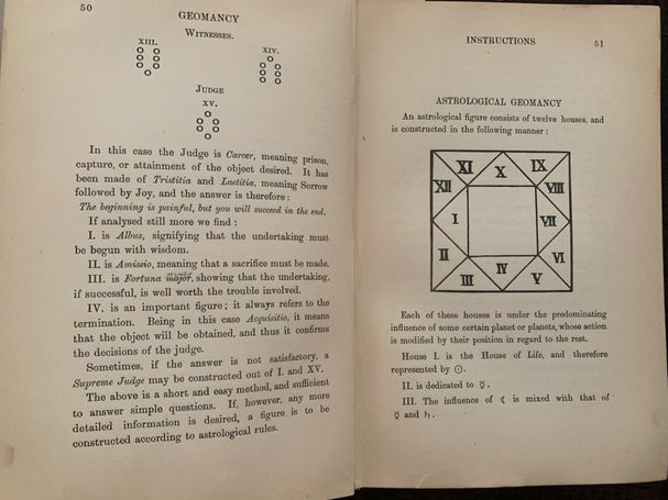 Pages showing Judge figure interpretation and a twelve‑house astrological geomancy diagram.