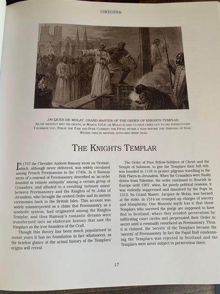Book page titled "The Knights Templar" with an illustration of the execution of Jacques de Molay.
