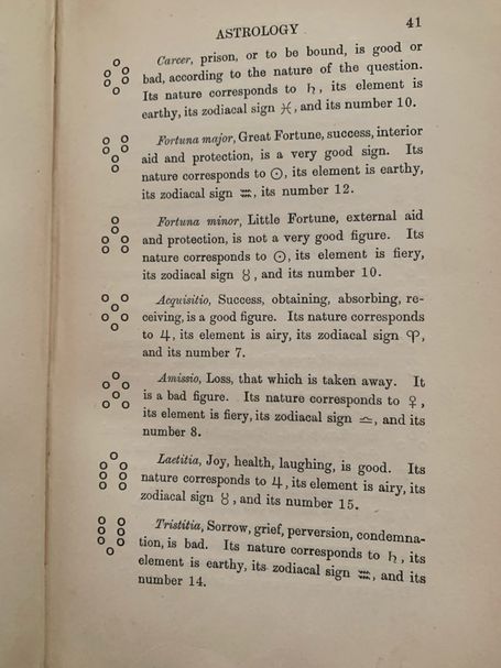 Astrology page showing seven geomantic figures with dot patterns and astrological details.
