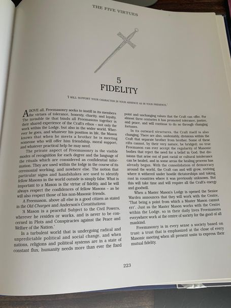 Book page showing Chapter IV Section 5 titled "Fidelity" with an illustration of a square and compass above the title.