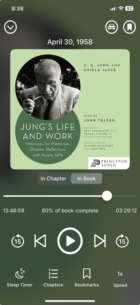 Audiobook player screen showing the cover of "Jung's Life and Work: Interviews for Memories, Dreams, Reflections with Aniela Jaffe"