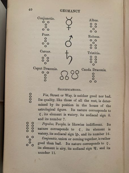 Page with eight geomantic dot figures, names, planetary symbols, and Significations text.