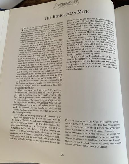 Book page titled "The Rosicrucian Myth" examining alleged connections between Rosicrucianism and Freemasonry.