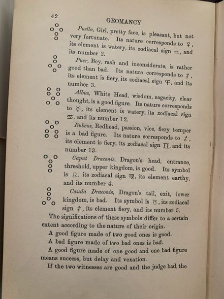 Geomancy page with six dot‑pattern figures and their planets, elements, zodiac signs, and numbers.