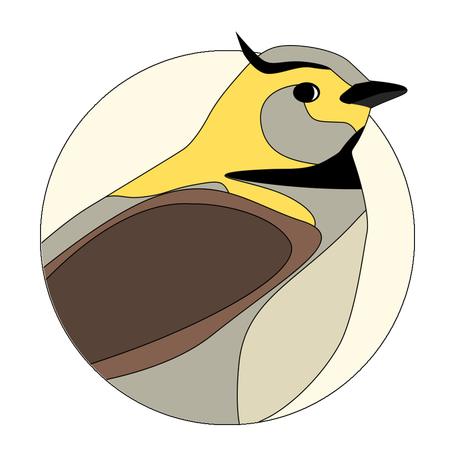 Minimalist vector emblem featuring a horned lark bird profile with a yellow face, black crest, and brown plumage inside a light beige circle