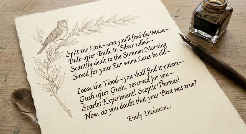 Parchment sheet featuring calligraphic text of Emily Dickinson's poem Split the Lark beside an inkwell and dip pen.